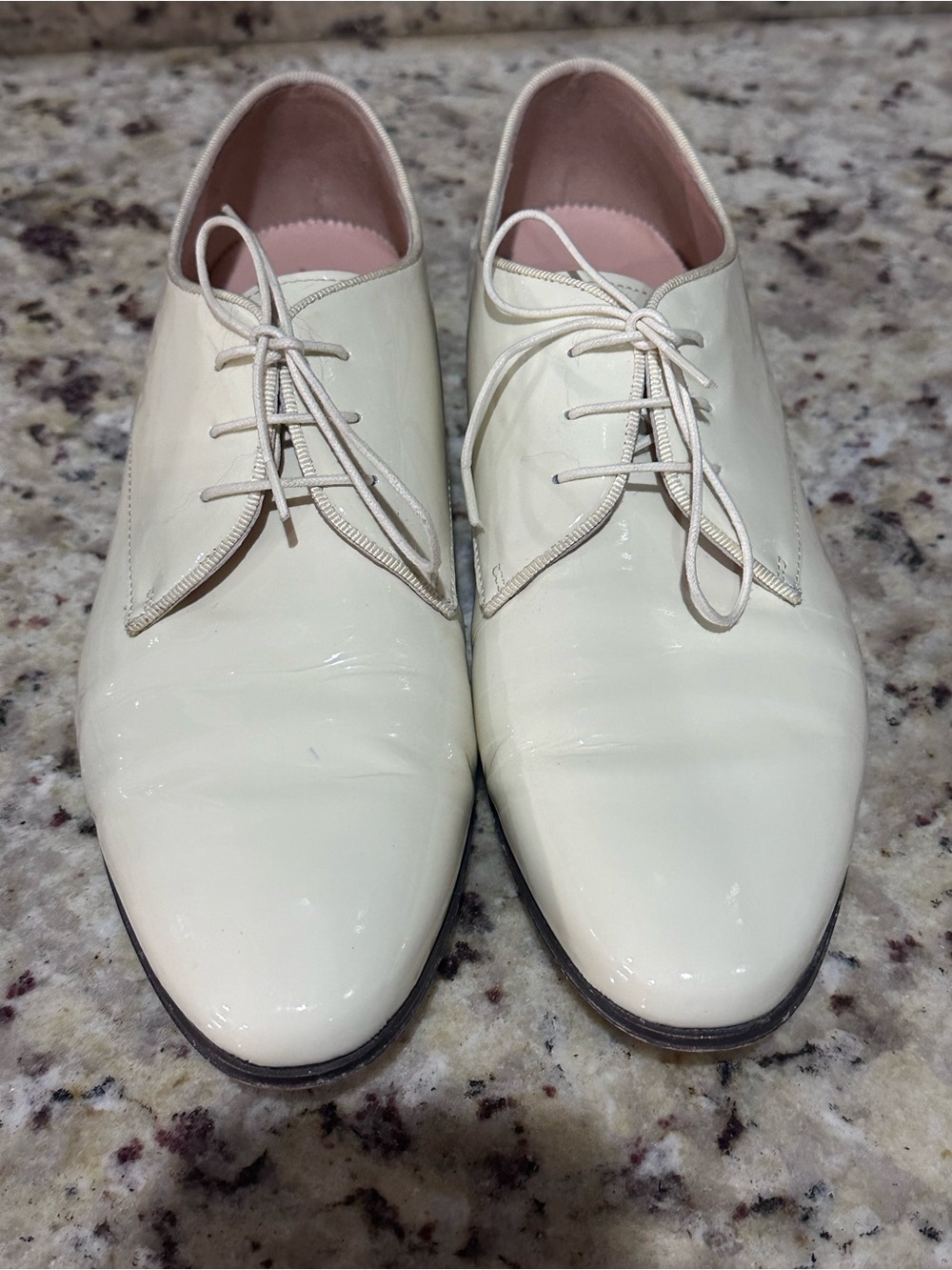 Vtg J Crew Cream Patent Leather Oxford Shoes Size 8.5 Made In Italy Shiny Flirty